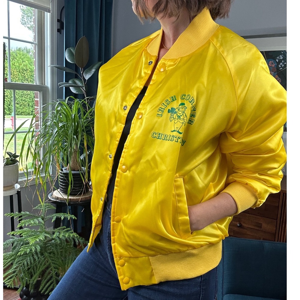 Vintage Nasco Irish Corner Christian Yellow Satin Bomber Jacket Like New Medium